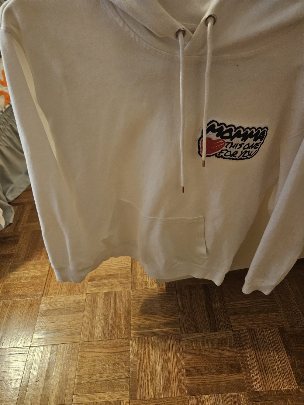 Cream Graphic Hoodie with Heart Patch